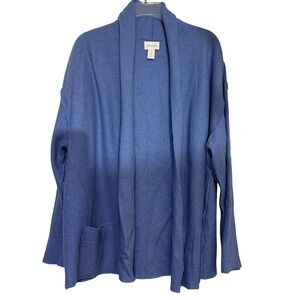Chicos Shawl Cardigan Blue 100% Wool Open Front Pockets Size‎ 2